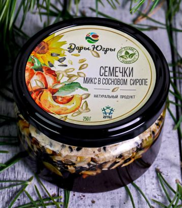 Микс из семечек (тыква, кунжут, подсолнечник) в сиропе из молодых сосновых шишек 250 гр 