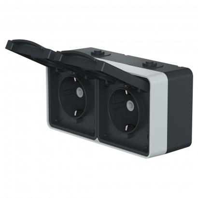 Розетка электрическая двухместная горизонтальная CADUCEUS ALING PROTECTA для открытой проводки, без шторок, с крышкой, 16А, 250В~ (Артикул: 22421P.A1)