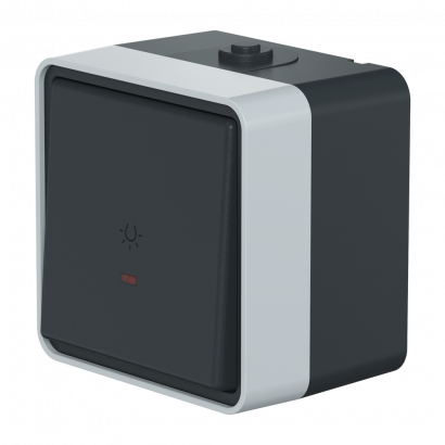 Выключатель одноклавишный кнопочный CADUCEUS ALING PROTECTA для открытой проводки, с символом свет, с индикацией, 10АХ, 250В~ (Артикул: 22515.A1)