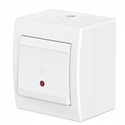 Выключатель одноклавишный CADUCEUS ALING POWER для открытой проводки, с символом Свет, с индикацией, 10АХ, 250В~ (Артикул: 255I)