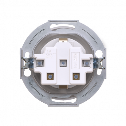 Механизм розетки скрытой установки CADUCEUS ALING EON с заземлением, со шторками, с керамическим основанием, 16А, 250В~ (Артикул: E601)