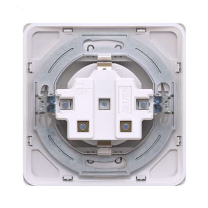 Механизм розетки скрытой установки CADUCEUS ALING EON с заземлением, со шторками, с керамическим основанием, 16А, 250В~ (Артикул: E601)