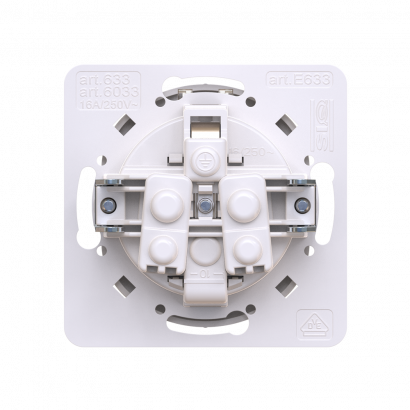 Механизм розетки скрытой установки CADUCEUS ALING EON с заземлением, без шторок, с крышкой, с пластиковым основанием, 16А, 250В~ (Артикул: E633)