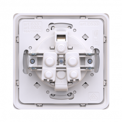 Механизм розетки скрытой установки CADUCEUS ALING EON с заземлением, без шторок, с крышкой, с пластиковым основанием, 16А, 250В~ (Артикул: E633)