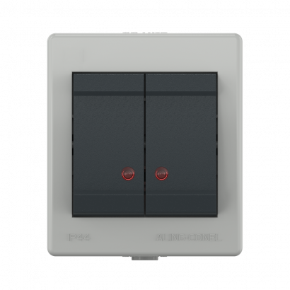 Выключатель двухклавишный CADUCEUS ALING POWER для открытой проводки, с индикацией, 10АХ, 250В~ (Артикул: 2521)